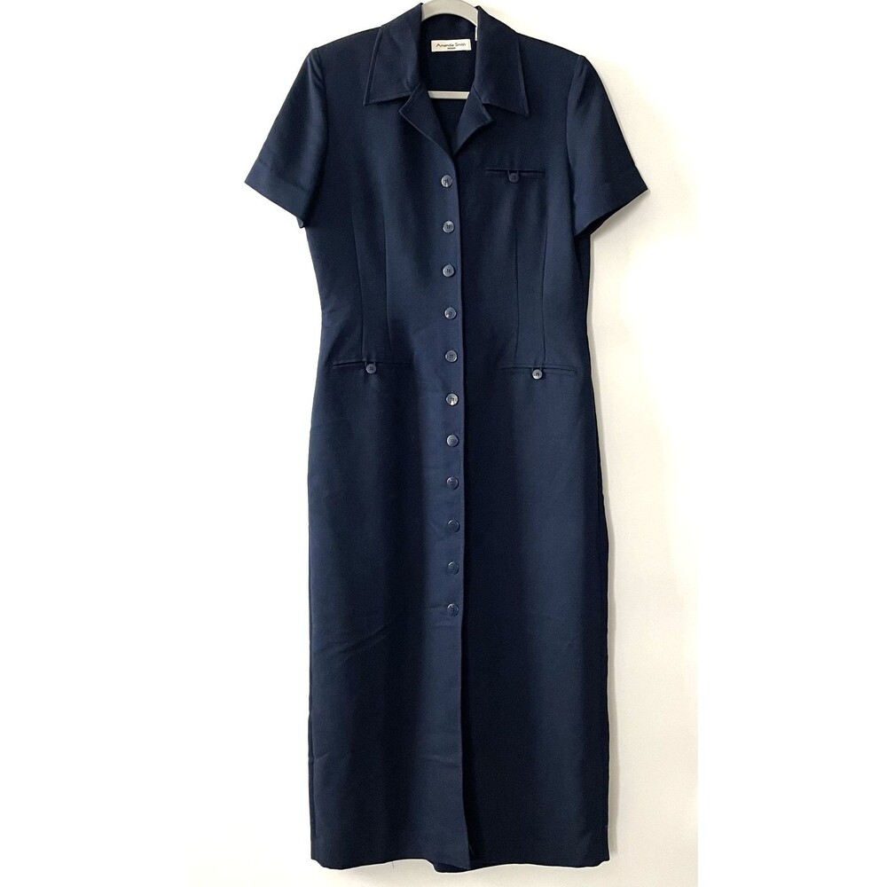 Vintage Y2K Amanda Smith Shirt Dress Collared Short Sleeve Button Front Navy 8 - Picture 2 of 12